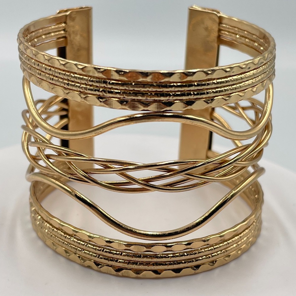 Vintage Gold Tone Textured Wire Statement Cuff Bracelet Gladiator Wide Bangle
